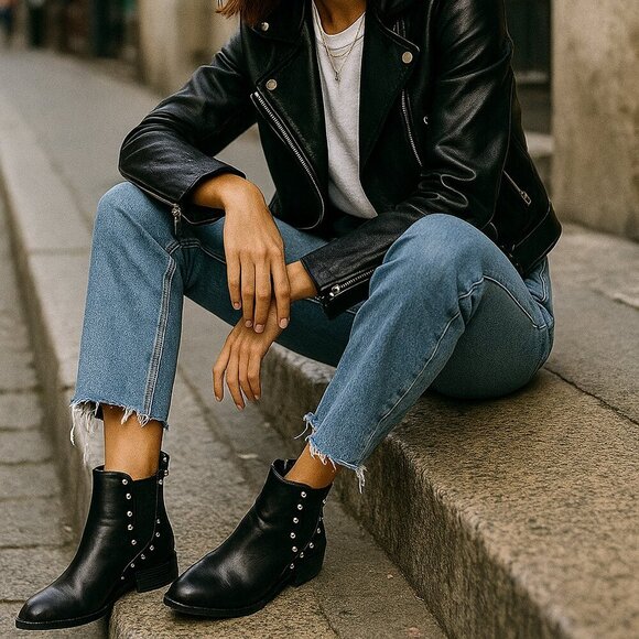 Zara Black Silver Studded Chelsea style slip on leather Ankle Booties women's 38 - Picture 1 of 10